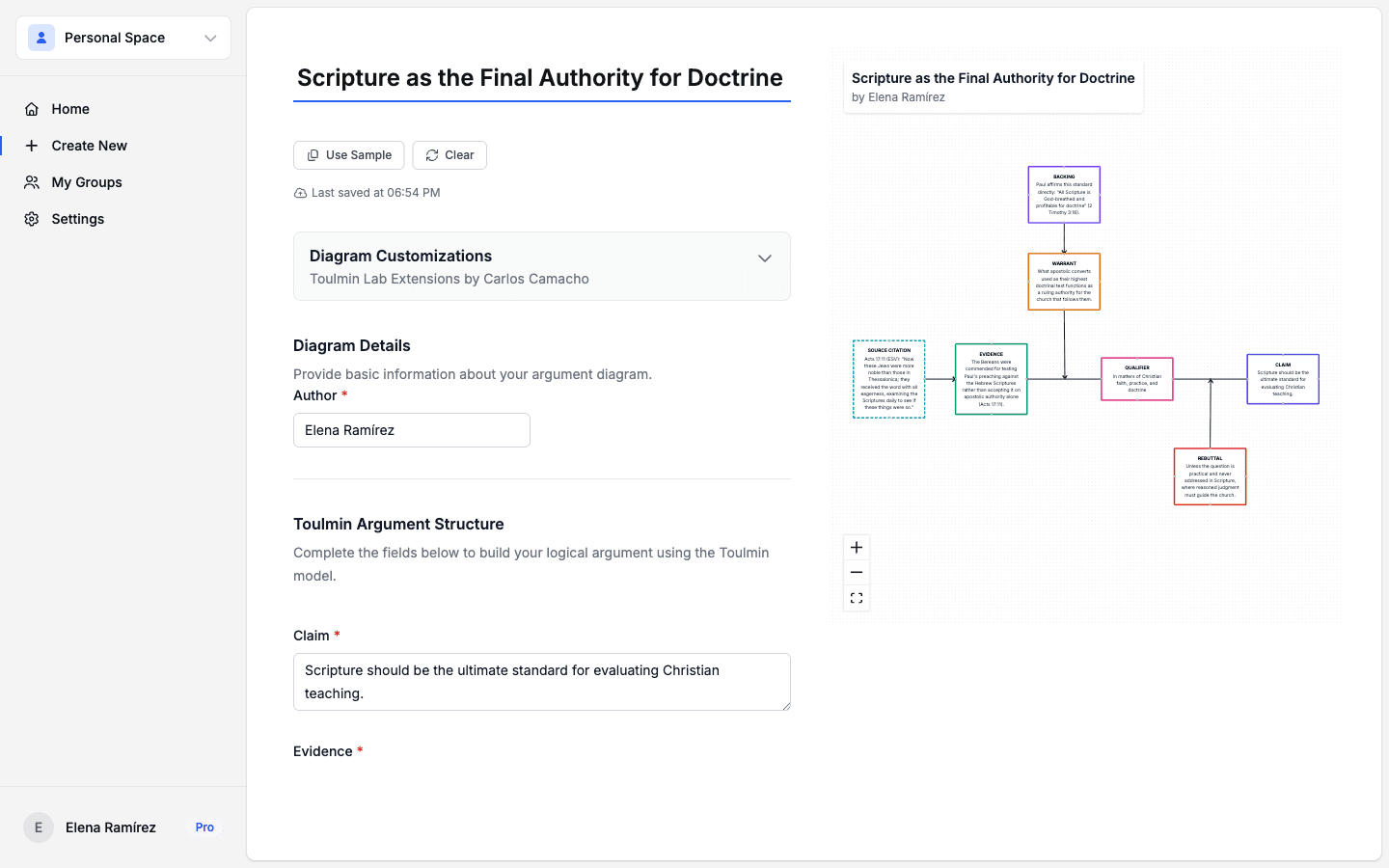 Toulmin Lab diagram builder with a live Toulmin argument on scriptural authority